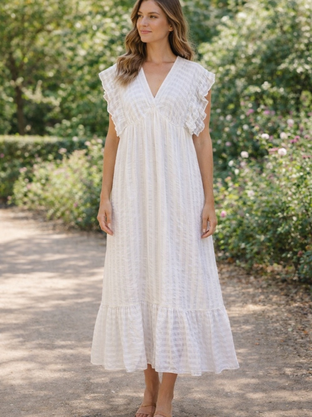 Anthropologie White Gauze Maxi Dress with Ruffle Sleeves